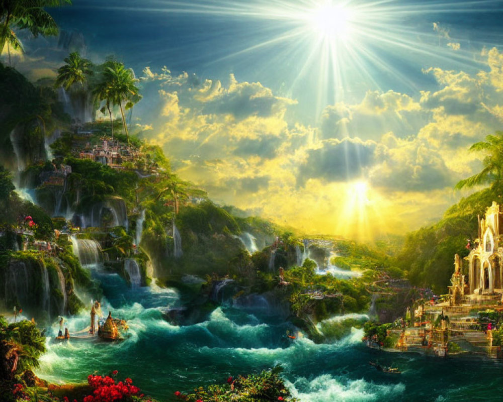 Lush foliage, waterfalls, river, boats & ornate building in vibrant utopia