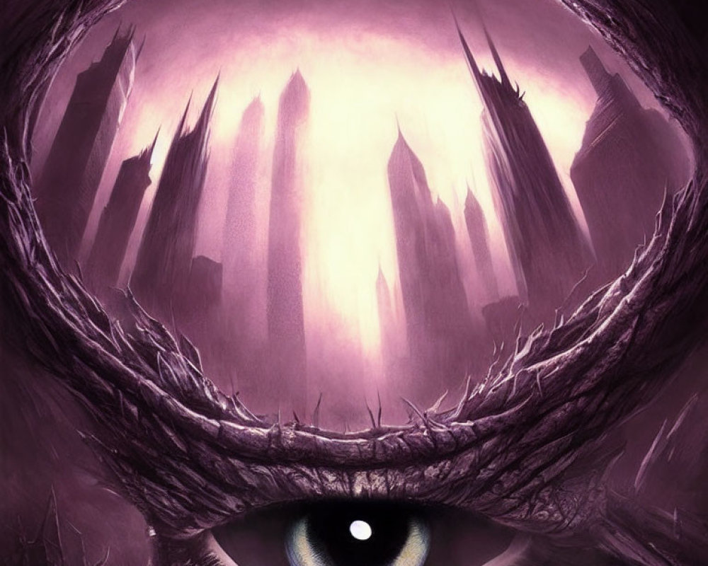 Surreal image of giant eye with purple spires in background