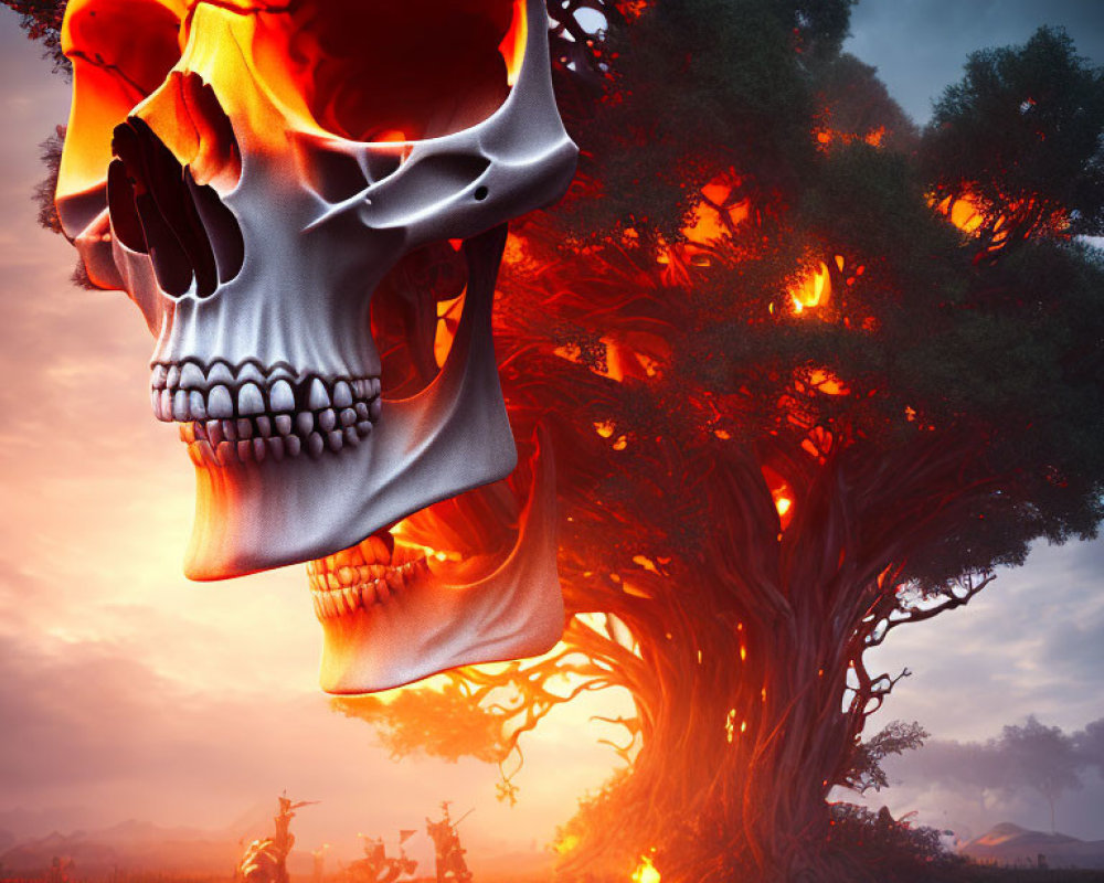 Giant translucent skull over fiery mystical landscape