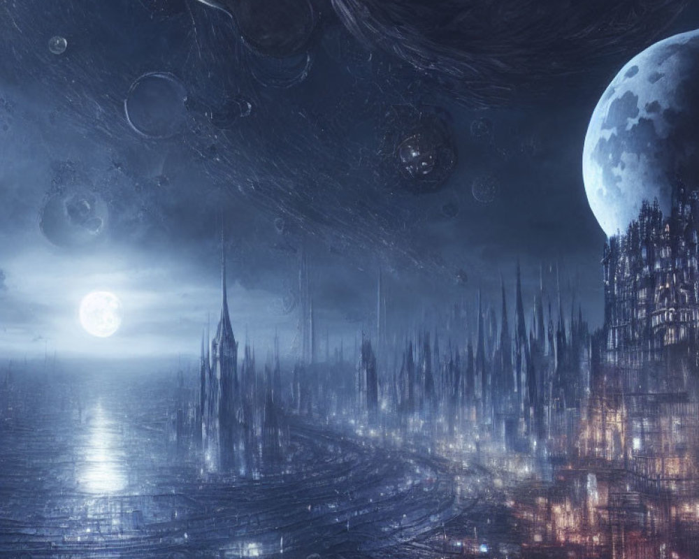 Futuristic cityscape with towering spires under multiple moons