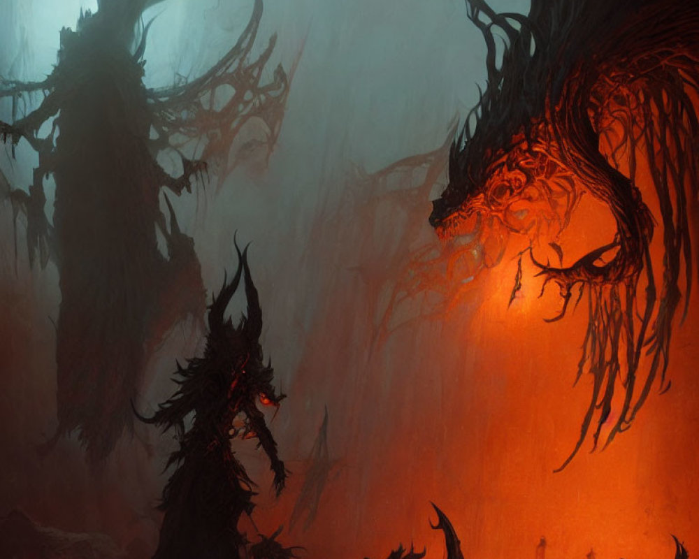 Gigantic ominous creatures in red-lit hellish landscape