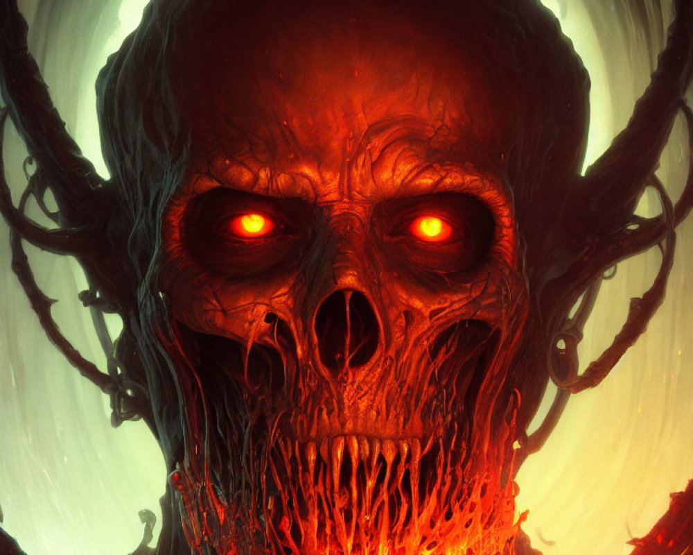 Detailed illustration of menacing skull with glowing red eyes in fiery and smoky surroundings.