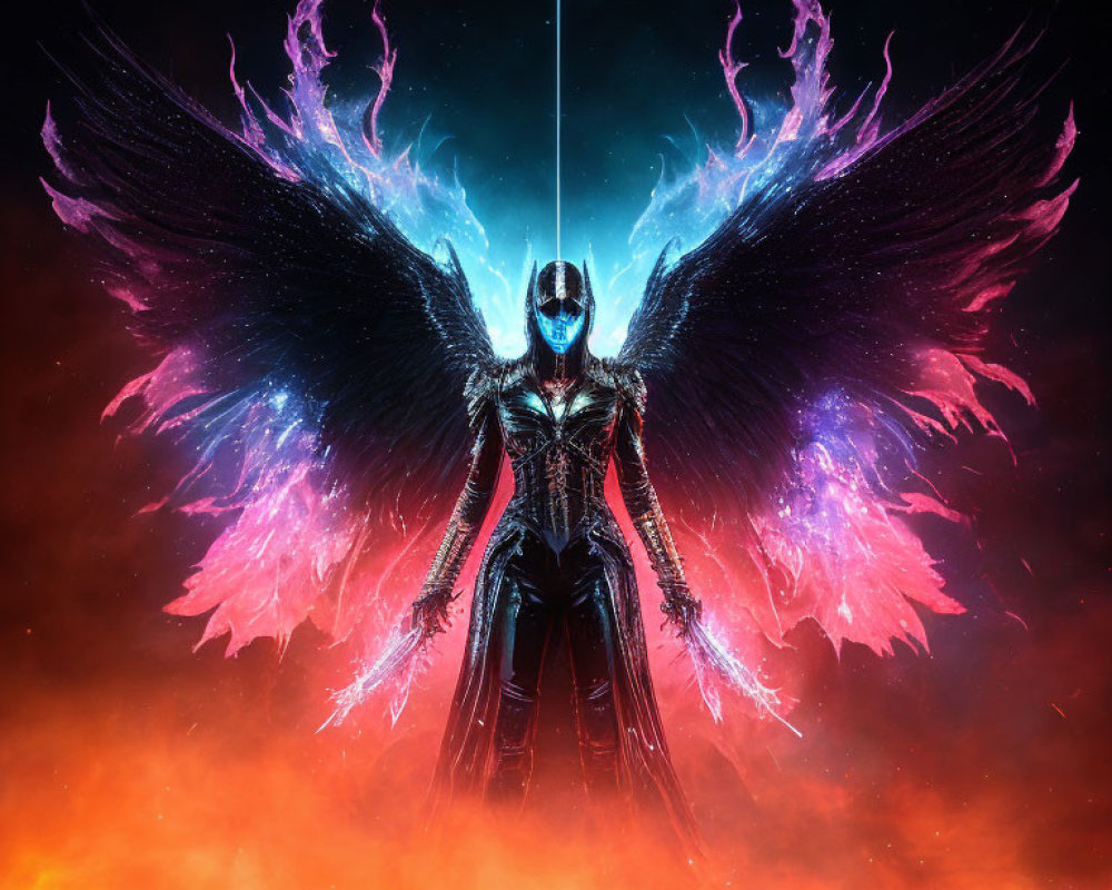 Fiery-winged cosmic entity in dark armor with blue light beam on red nebula.