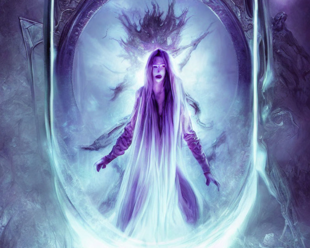 Glowing purple-eyed spectral figure in magical portal landscape