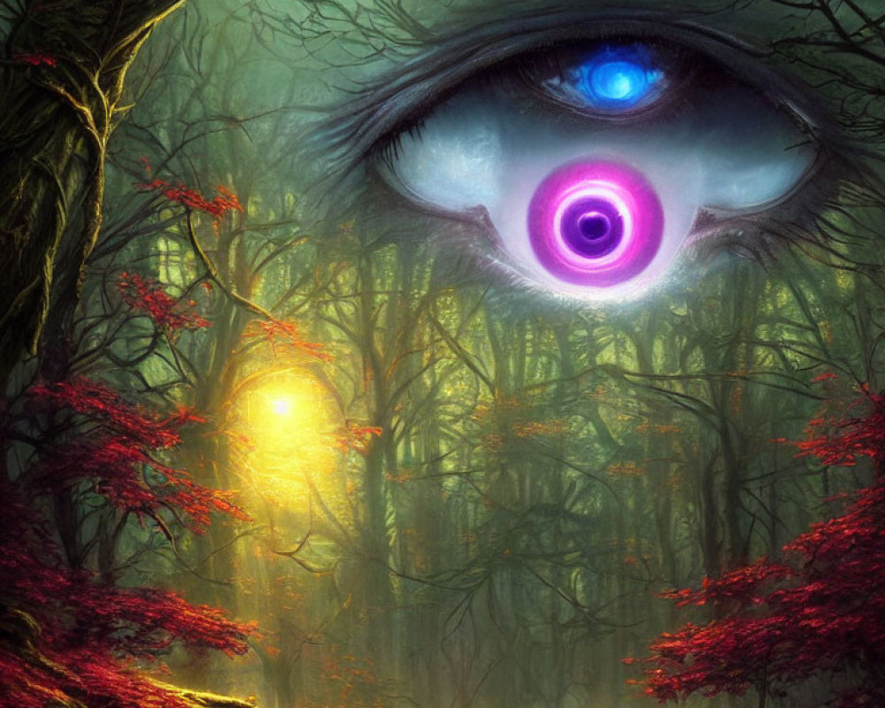 Surreal forest with red foliage and giant glowing eye with spiral pupil.