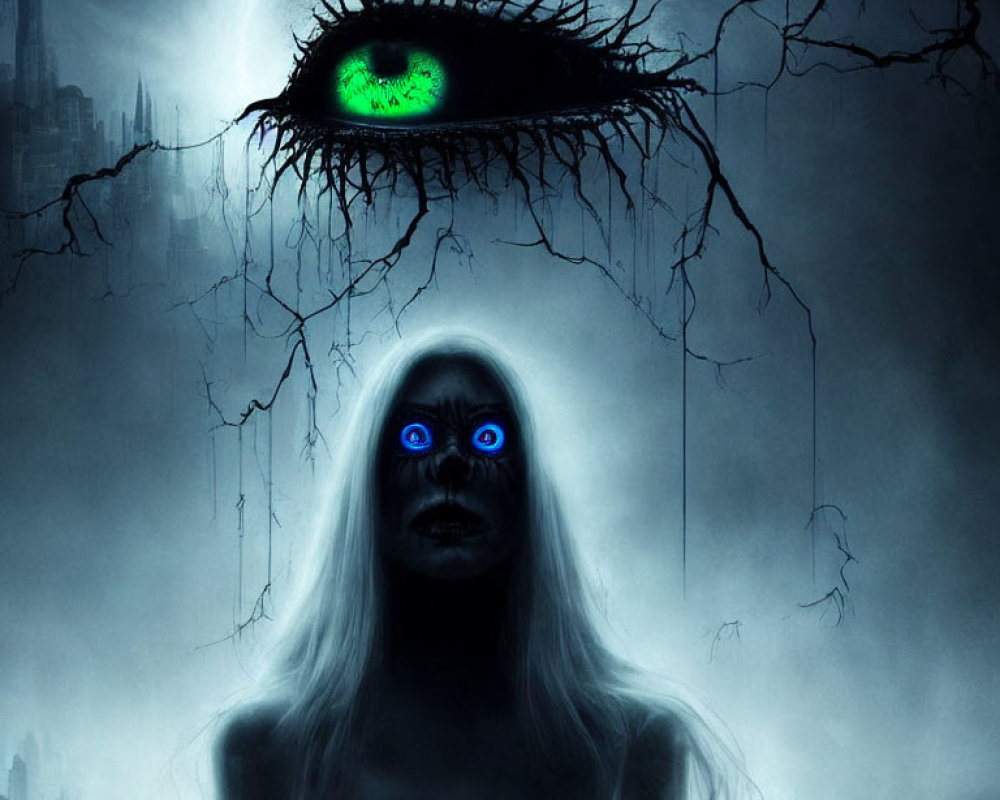 Surreal image of ghastly figure with luminous blue eyes and immense green eye in dark