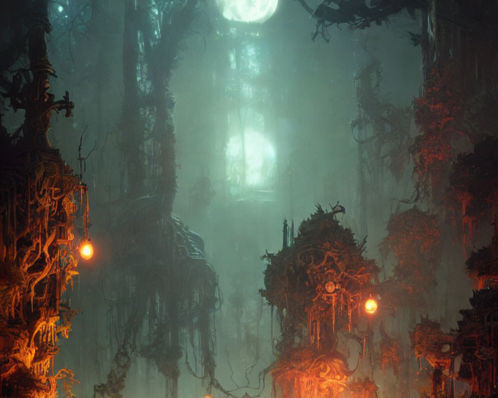 Mystical forest with fog, lanterns, overgrown trees, and moonlight