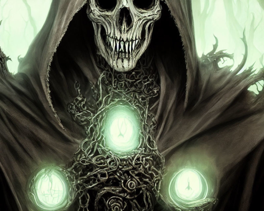 Hooded figure with skull face and glowing orbs in chest surrounded by green mist