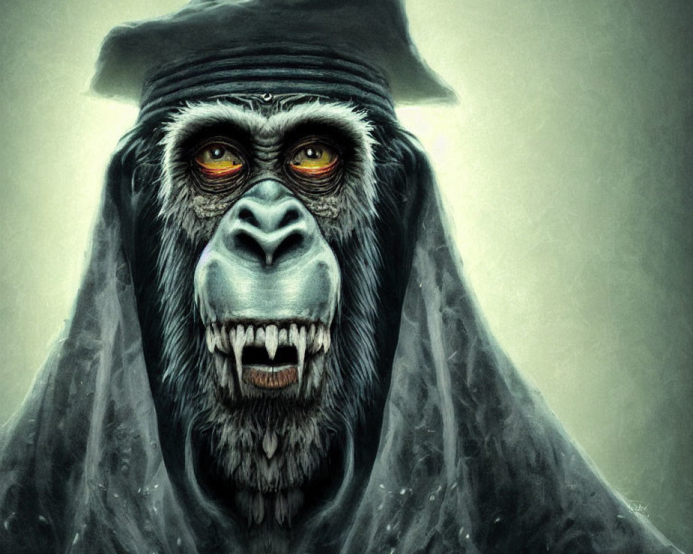 Mystical gorilla with yellow eyes in dark cloak and hat