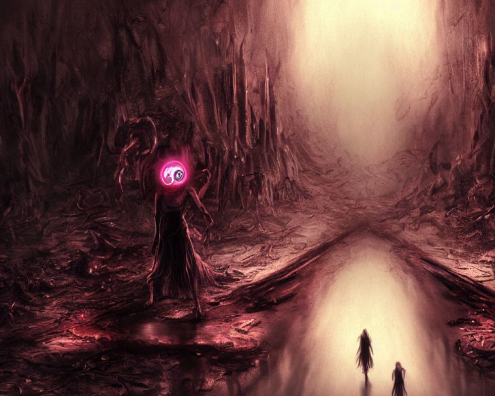 Mystical figure with glowing eye faces two smaller silhouettes in eerie underground scene