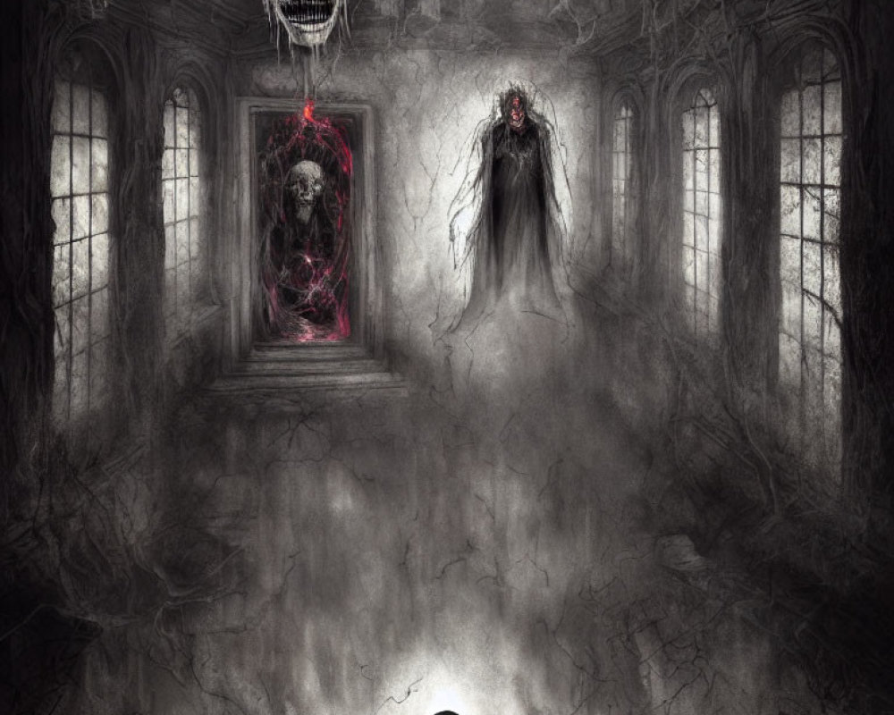 Gothic corridor with mist, floating skull, sinister figures, and grim painting