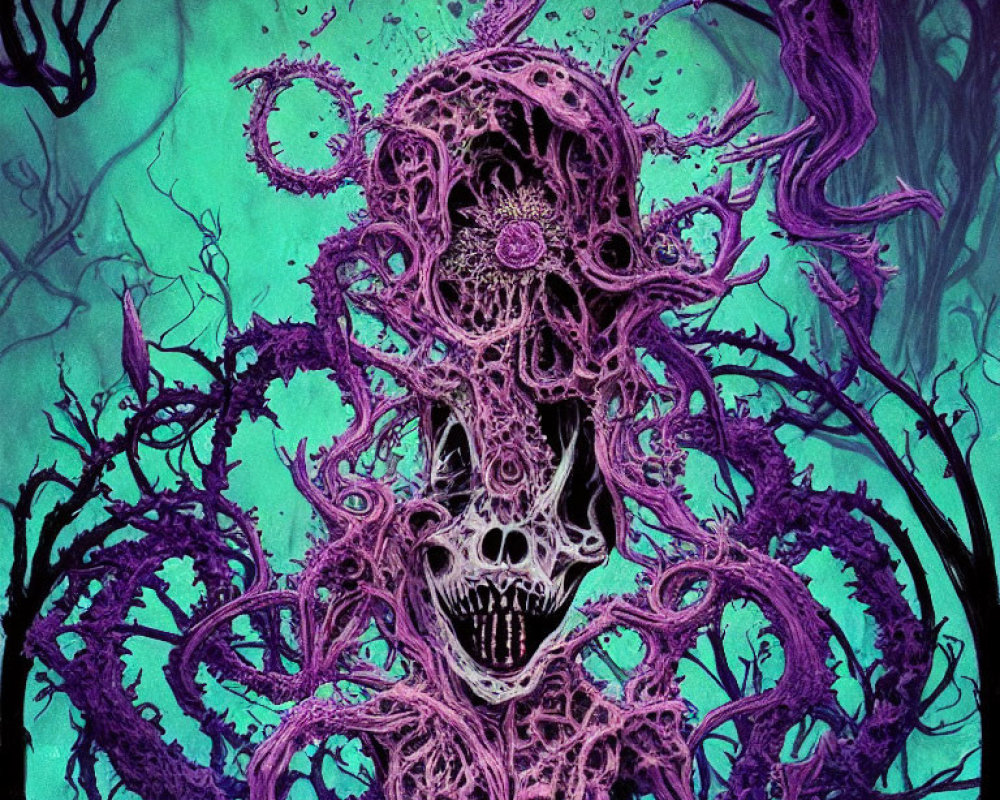 Abstract skull with purple and black tendrils on teal background.