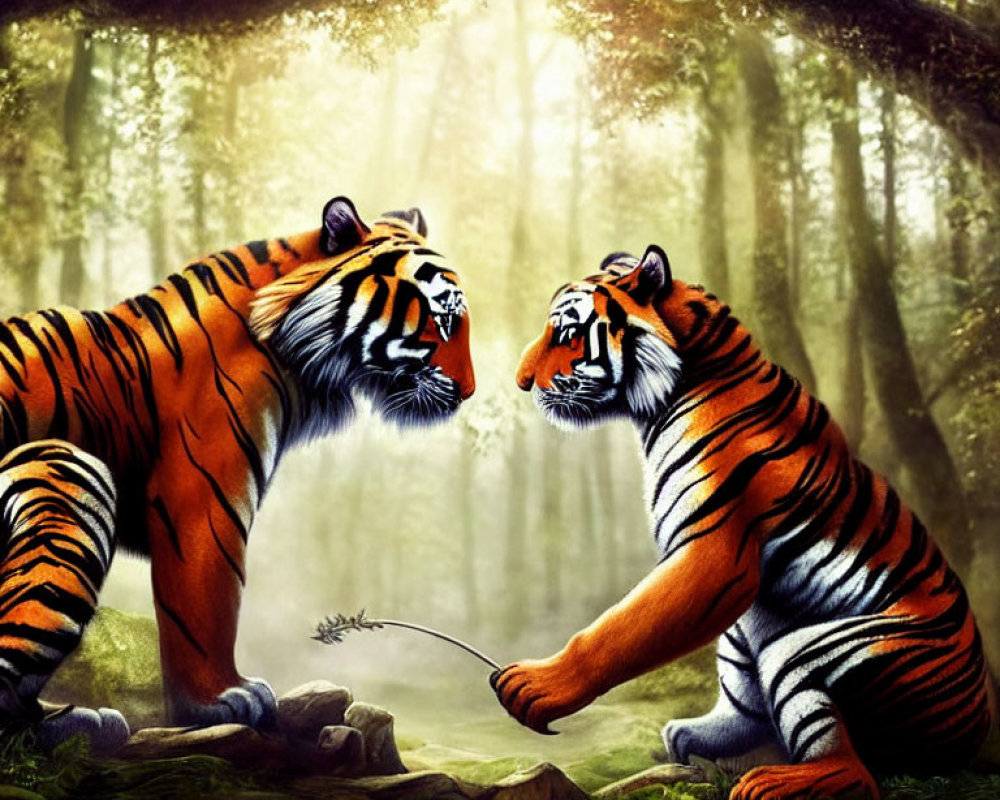 Two Tigers in Sunlit Forest: One Standing, One Sitting