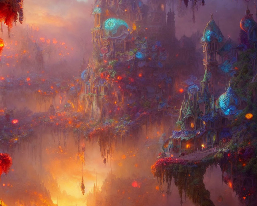 Fantasy landscape with floating islands and magical structures in warm, fiery colors