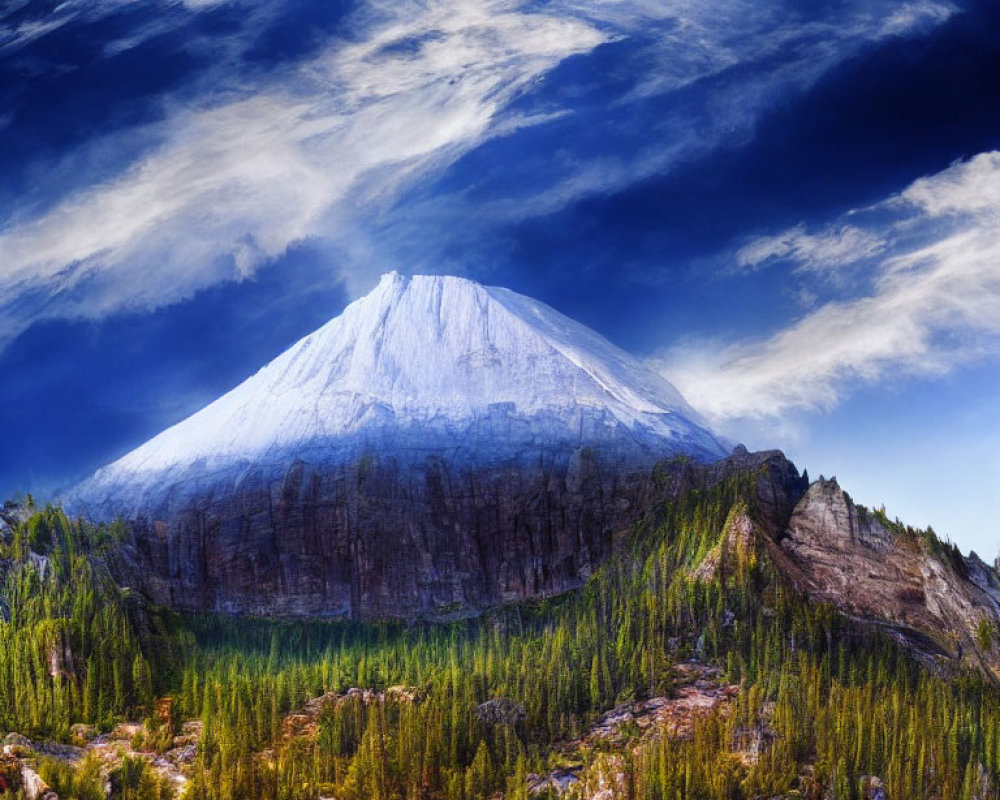 Snow-capped mountain under dramatic blue sky with forests and cliffs