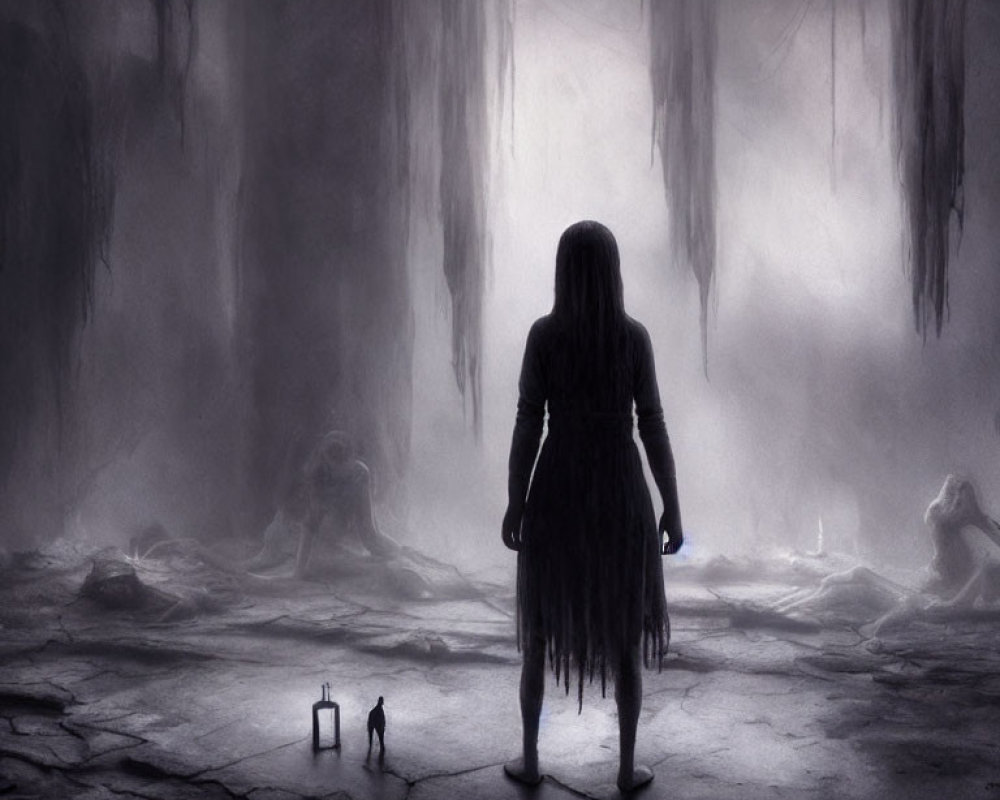 Mysterious woman in cavernous landscape with lantern and eerie figures