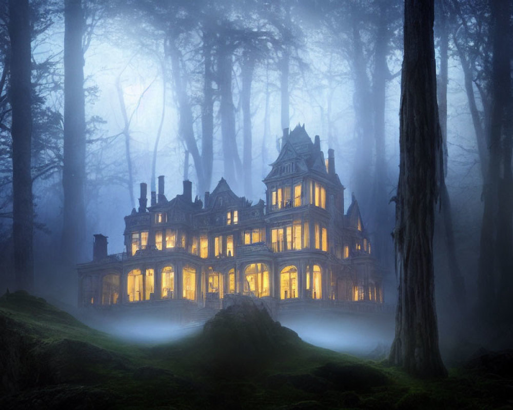 Eerie illuminated mansion in misty twilight forest