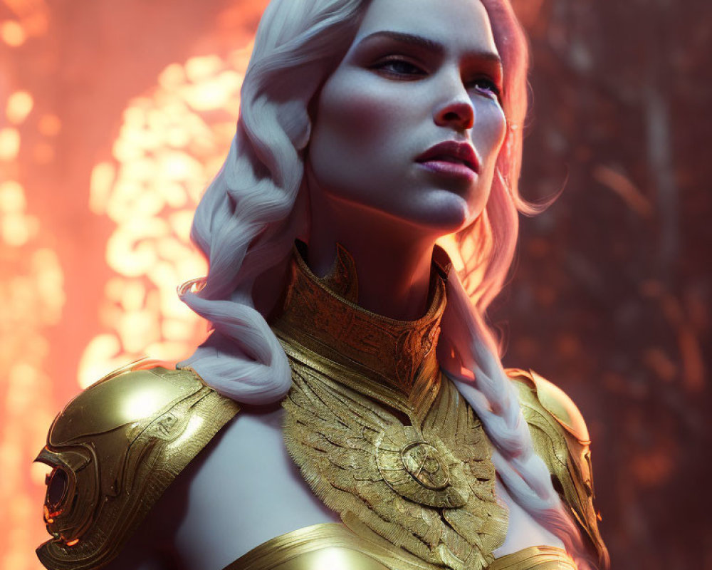 White-Haired Female Figure in Gold Armor on Fiery Background