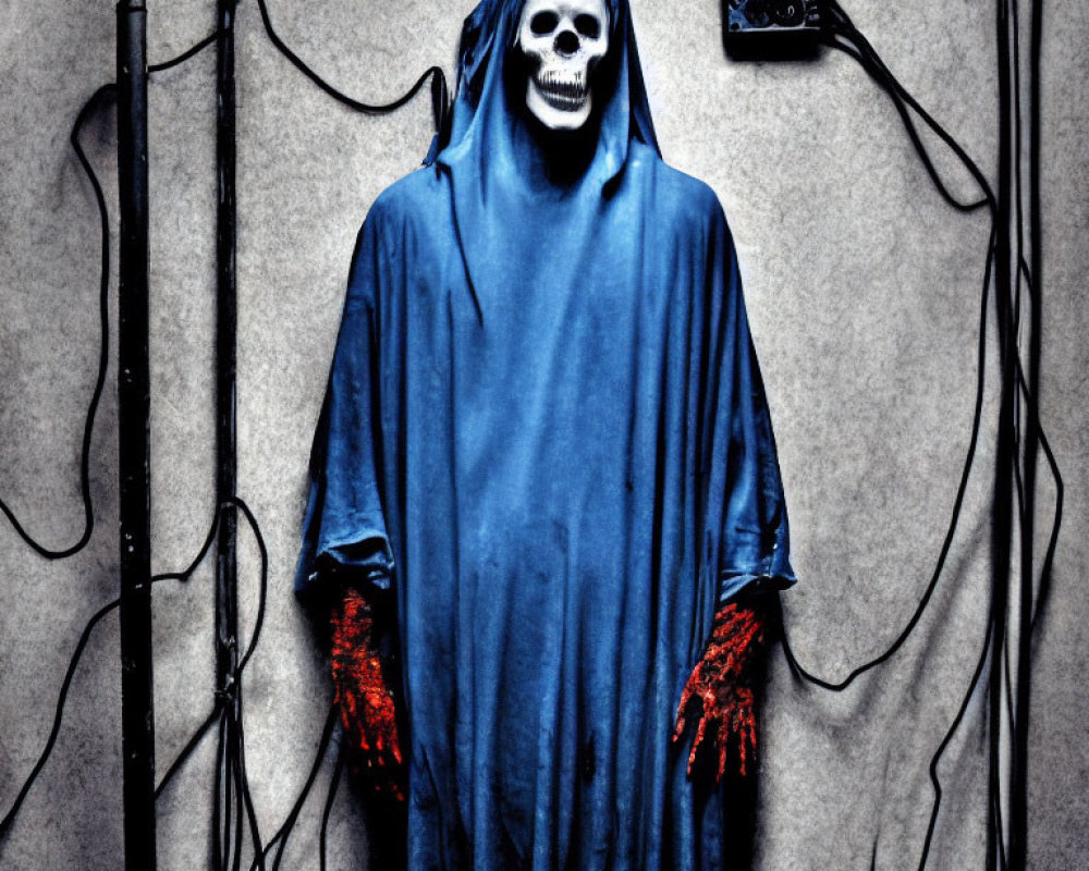 Grim Reaper costume with skull mask, blue cloak, red-stained gloves, standing by wall with