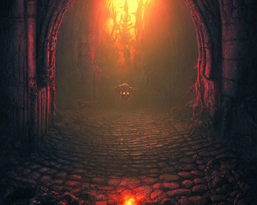 Foreboding Stone Archway with Demonic Figure in Ominous Chamber