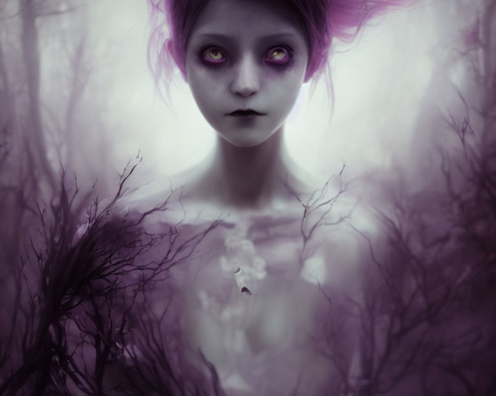 Surreal portrait: girl with purple hair and eyes in misty forest