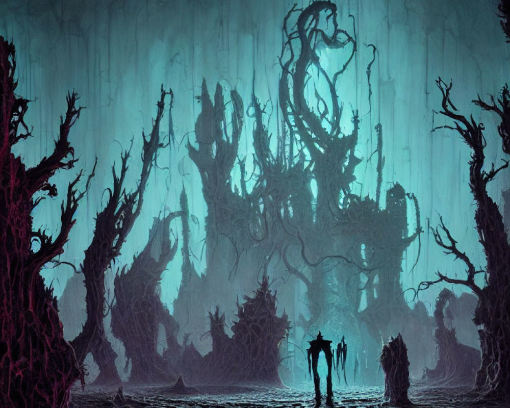 Silhouetted Figures in Twisted Forest with Mysterious Structure