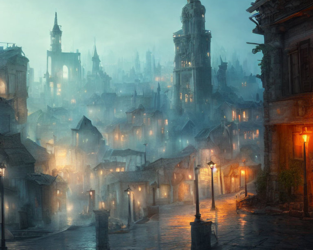 Misty cobblestoned fantasy city at dusk with glowing lanterns