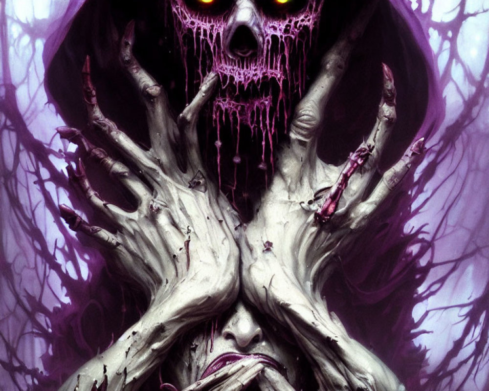 Spooky skull with glowing eyes, purple ooze, hood, and twisted hands