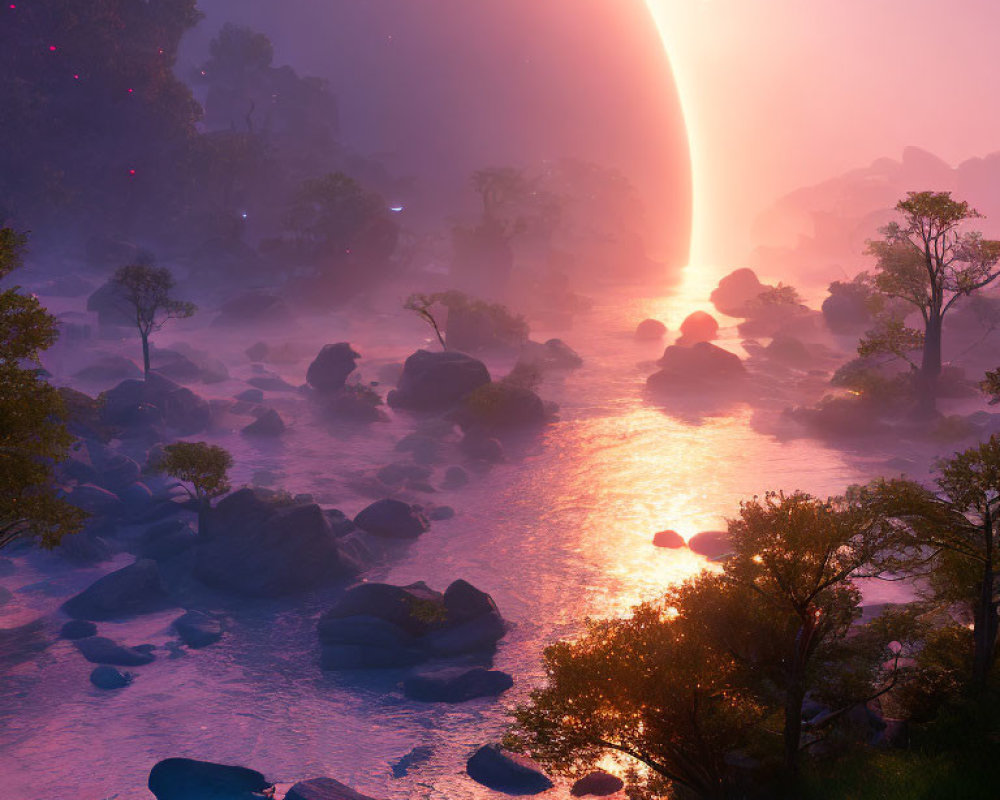 Mystical landscape with glowing river, rocks, trees, and large planet in ethereal mist