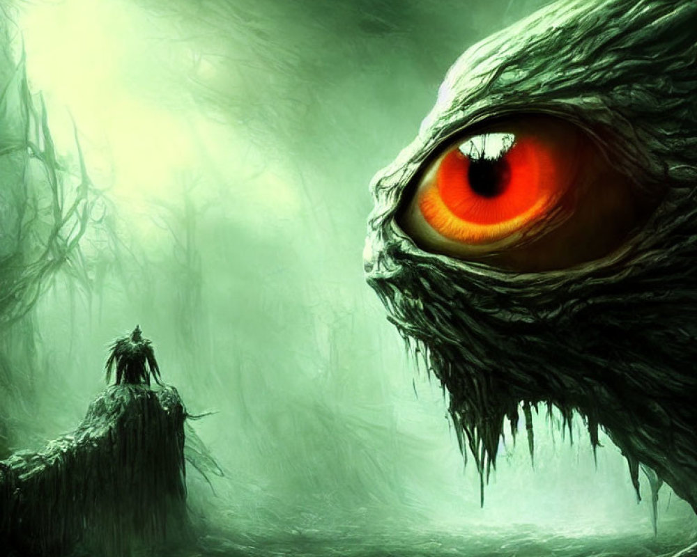 Mysterious green forest with giant eye and distant figure