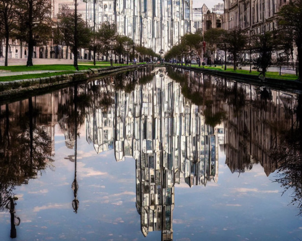 Tranquil cityscape mirrored in canal with greenery and blue sky