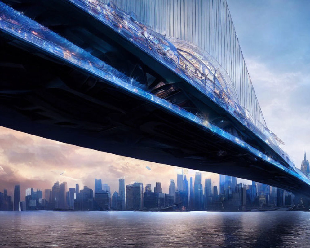 Futuristic bridge with sleek designs and glowing lights over calm water in modern city skyline at dusk