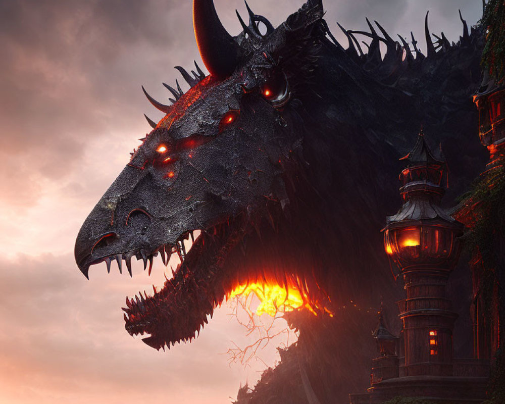 Giant dragon with glowing eyes beside Asian pagoda at dusk