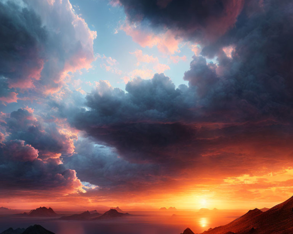 Dramatic fiery sunset over serene ocean and mountains