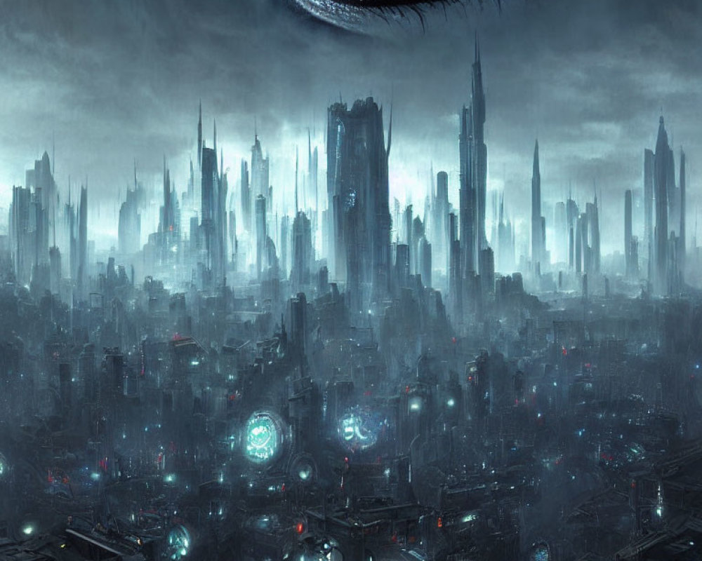 Futuristic night cityscape with towering skyscrapers and watchful eye