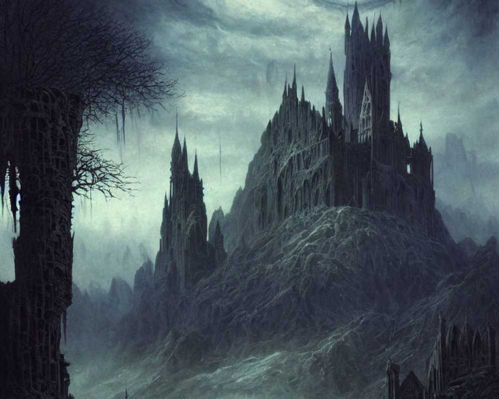 Moonlit Gothic castle in dark rocky landscape with eerie lighting