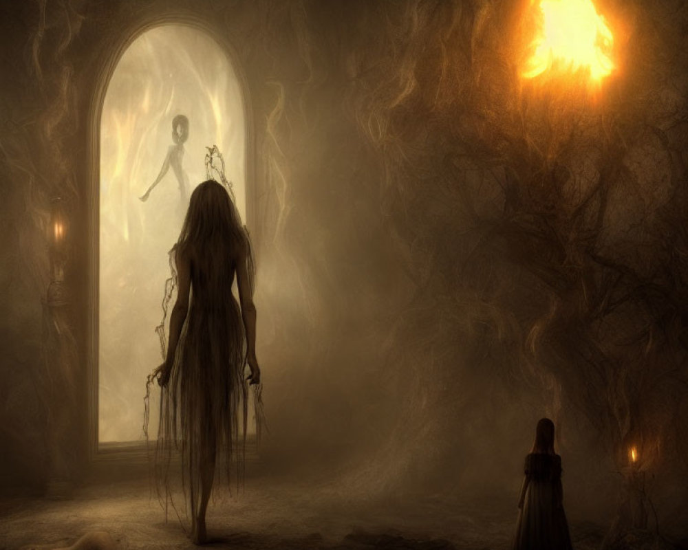 Dark surreal scene with glowing doorway, eerie figure, roots, and dim lighting