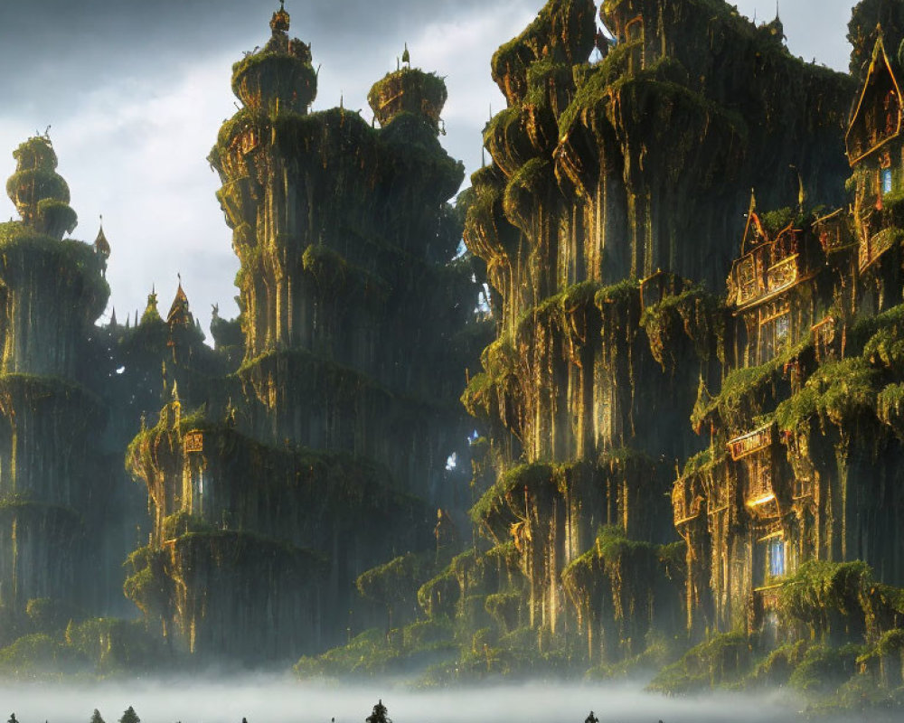 Moss-covered cliffs with intricate buildings above misty forest and dynamic sky