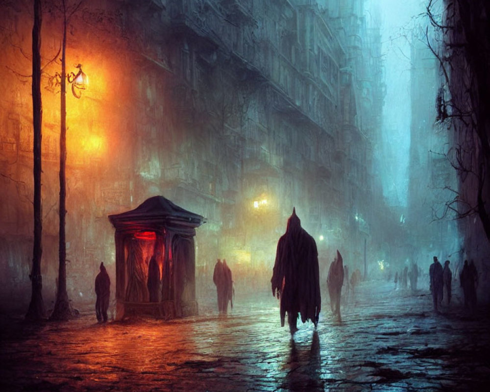 Misty cobblestone street at dusk with shadowy figures and cloaked person walking