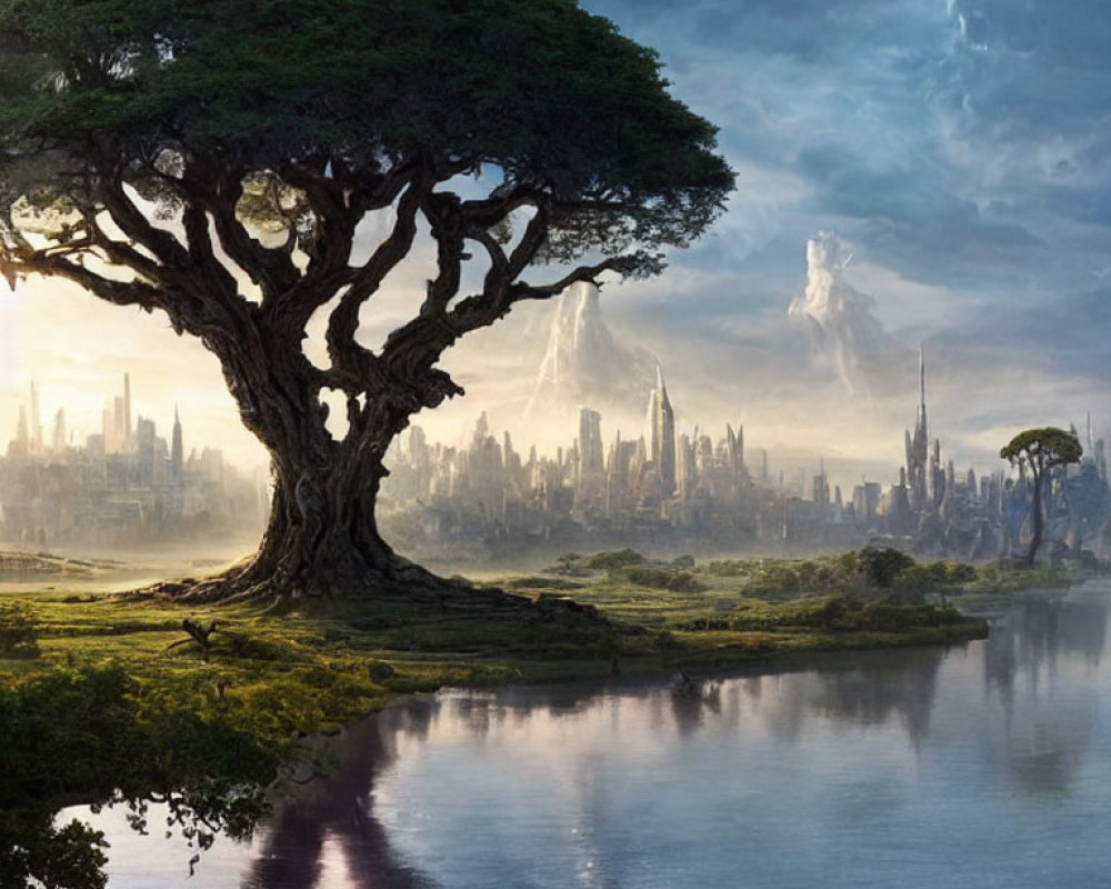 Majestic tree by serene lake with futuristic cityscape and mountains under dramatic sky