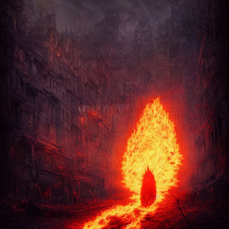 Dark cityscape with gothic architecture and fiery tear-shaped object in haze