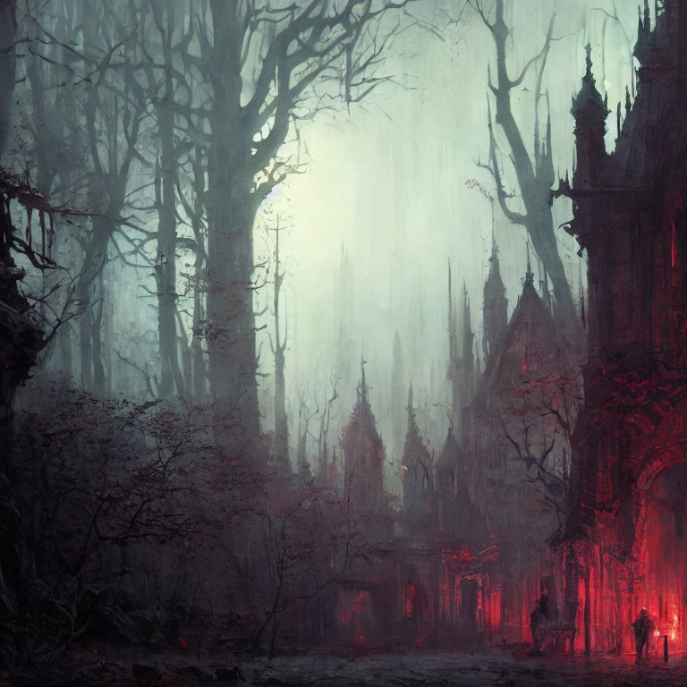 Eerie Gothic landscape with towering trees and shadowy cathedral in dense fog