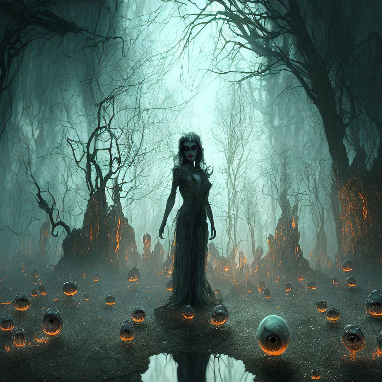 Mystical woman in dark forest with glowing orange eyes