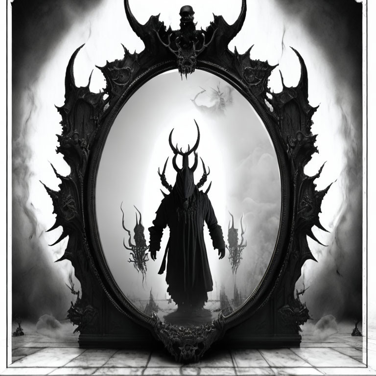 Gothic mirror frames dark figure with horns in misty landscape