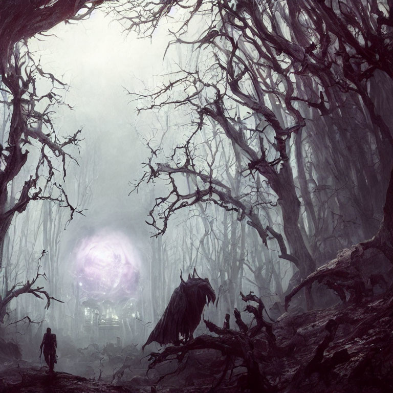 Eerie forest scene with giant wolf, mysterious figure, and glowing orb