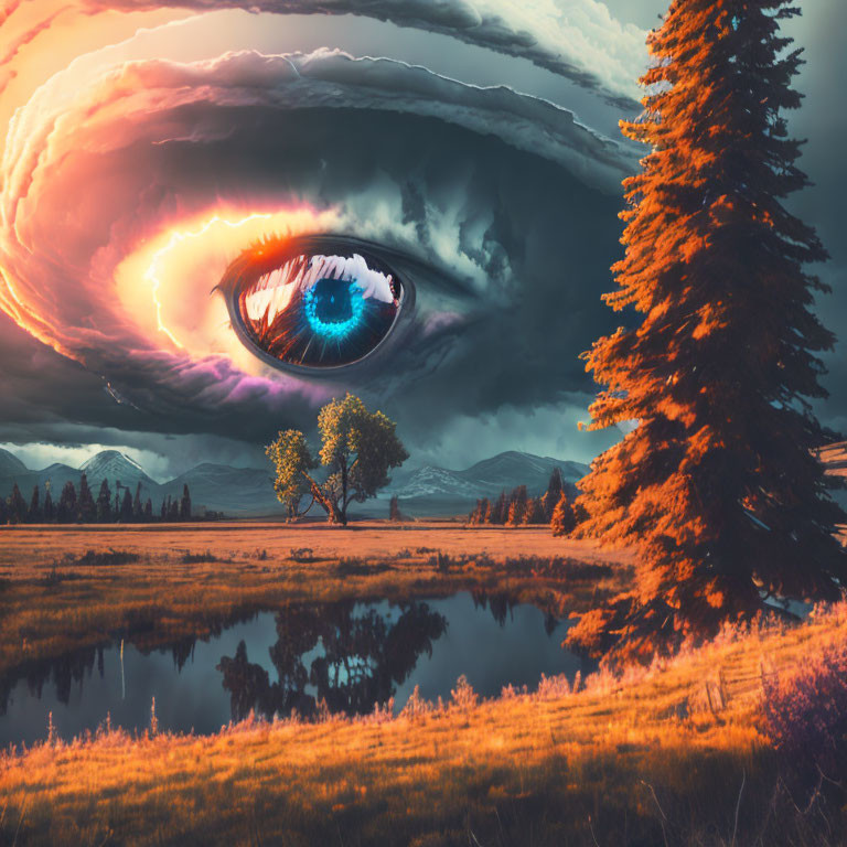 Enormous Eye-Shaped Cloud Overlooking Surreal Landscape