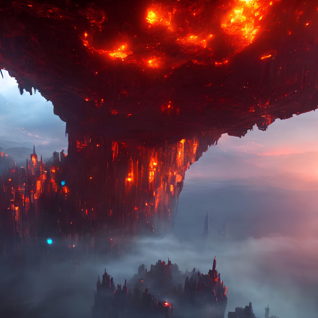 Fiery cavern ceiling over dystopian cityscape with lights