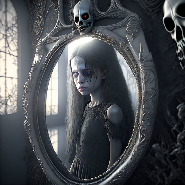 Gothic image: Pale girl with dark circles reflected in ornate mirror.