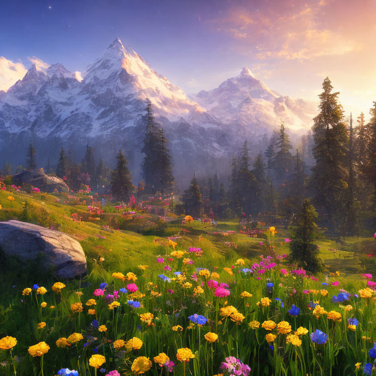 Scenic landscape with wildflowers, misty trees, and snow-capped mountains