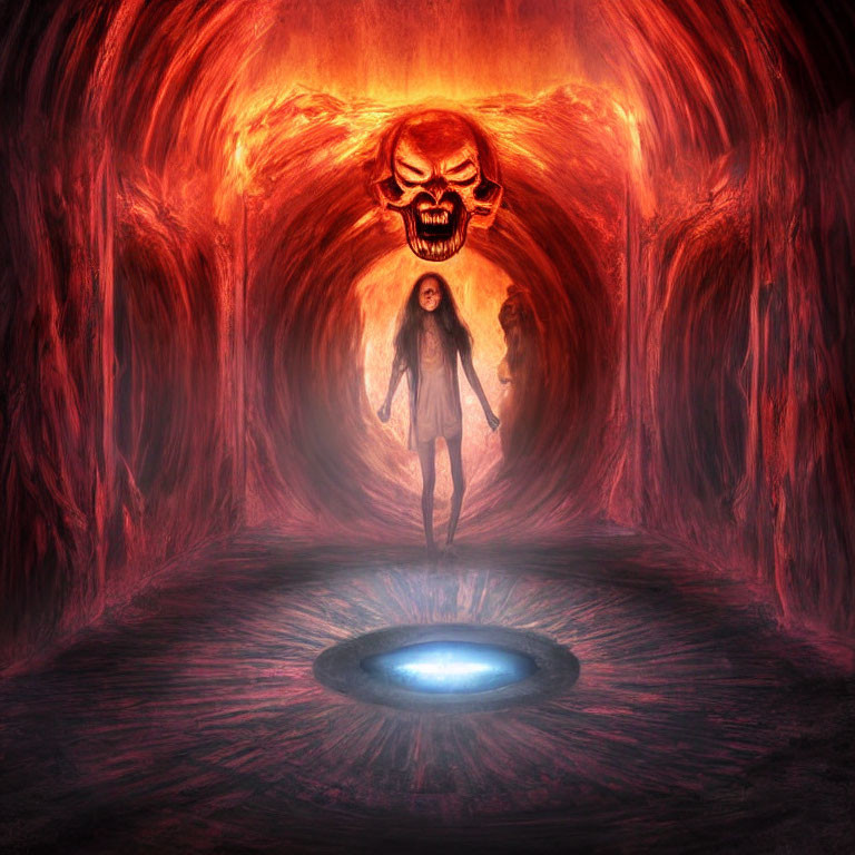 Fiery tunnel with lava walls, skull-shaped formation, and blue portal.